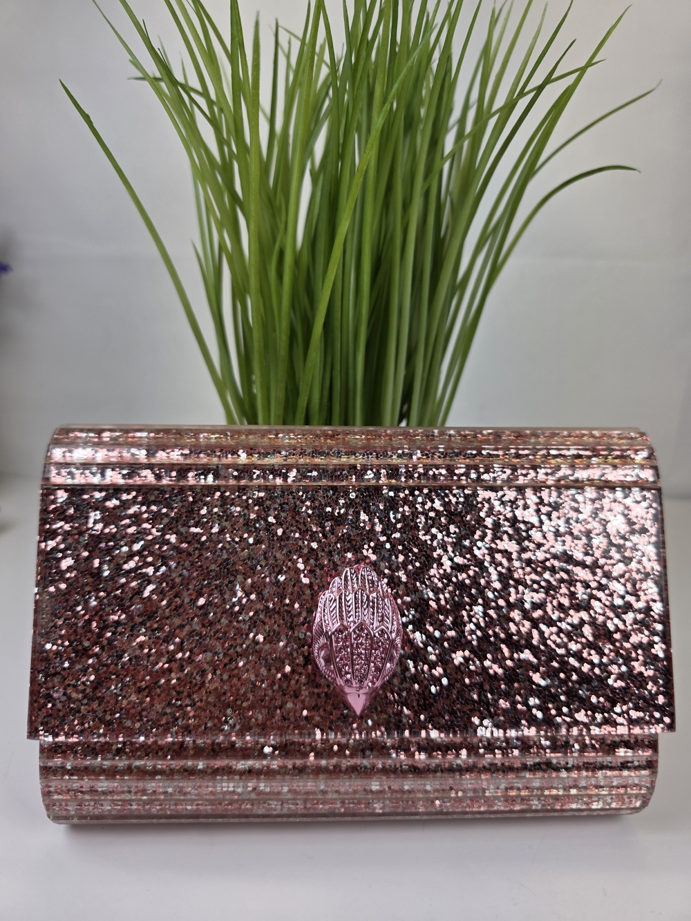 Kurt Geiger London Rose Pink Sparkly Glitter Chain Clutch Hand Shoulder Bag